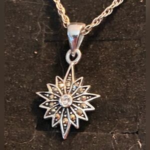 Sterling silver starburst necklace, “Jerusalem” with marcasite and crystal